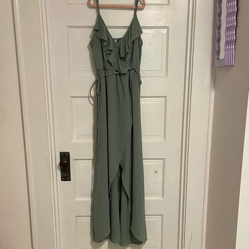 Paper crane fancy ruffled olive-sage green dress